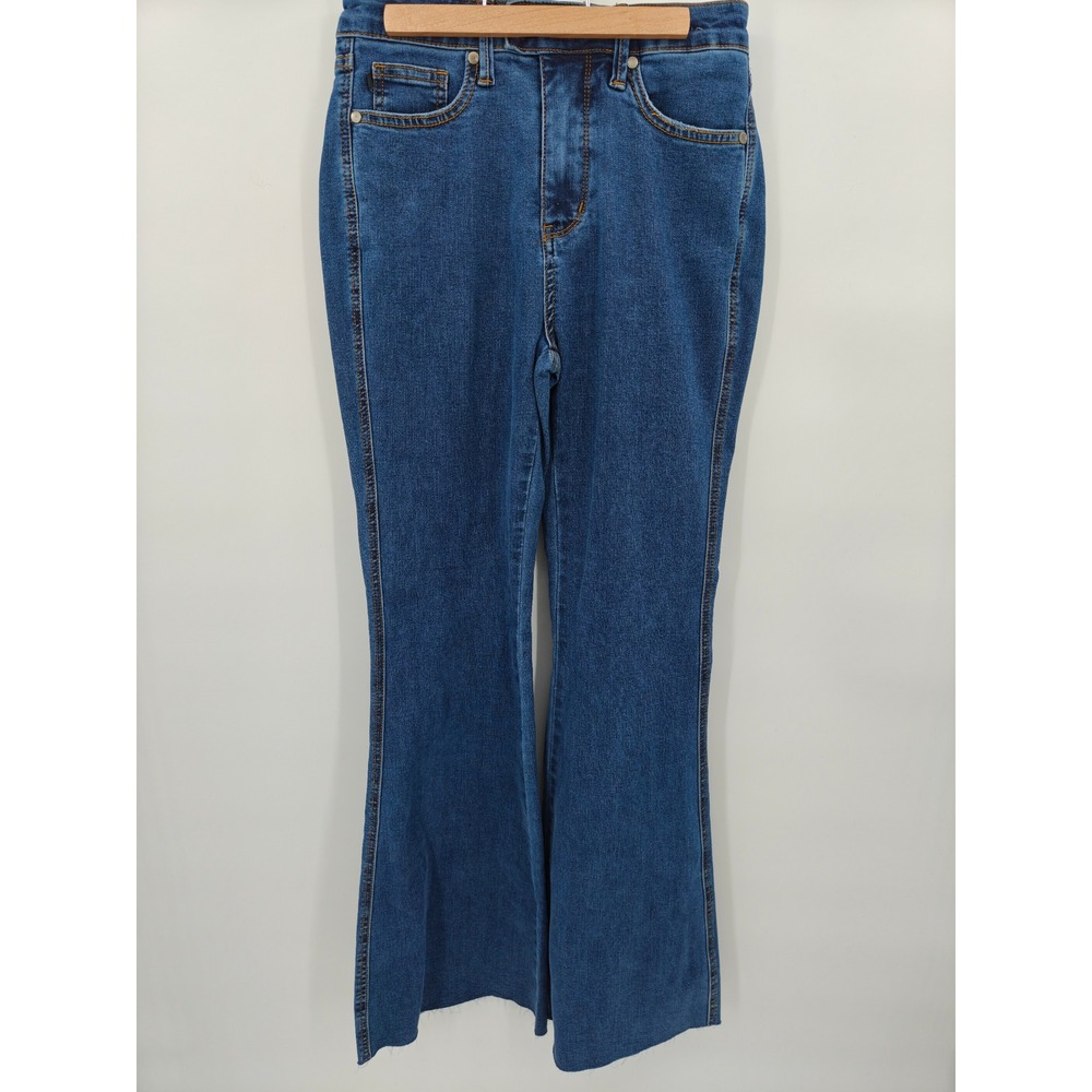 Judy Blue Womens High Rise Flare Jeans Medium Wash Raw Hem Size 7/28 Distressed
